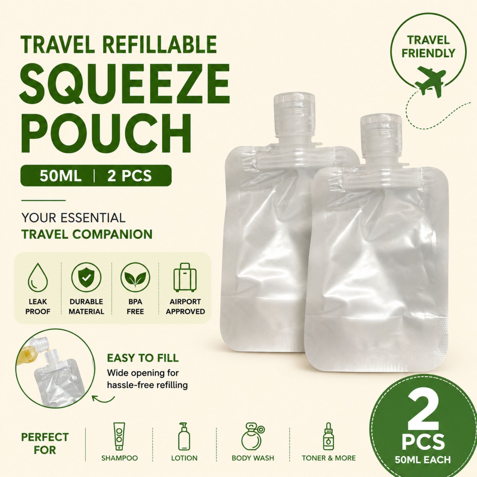 #0229 TRAVEL REFILLABLE SQUEEZE POUCH 50ML 2PCS