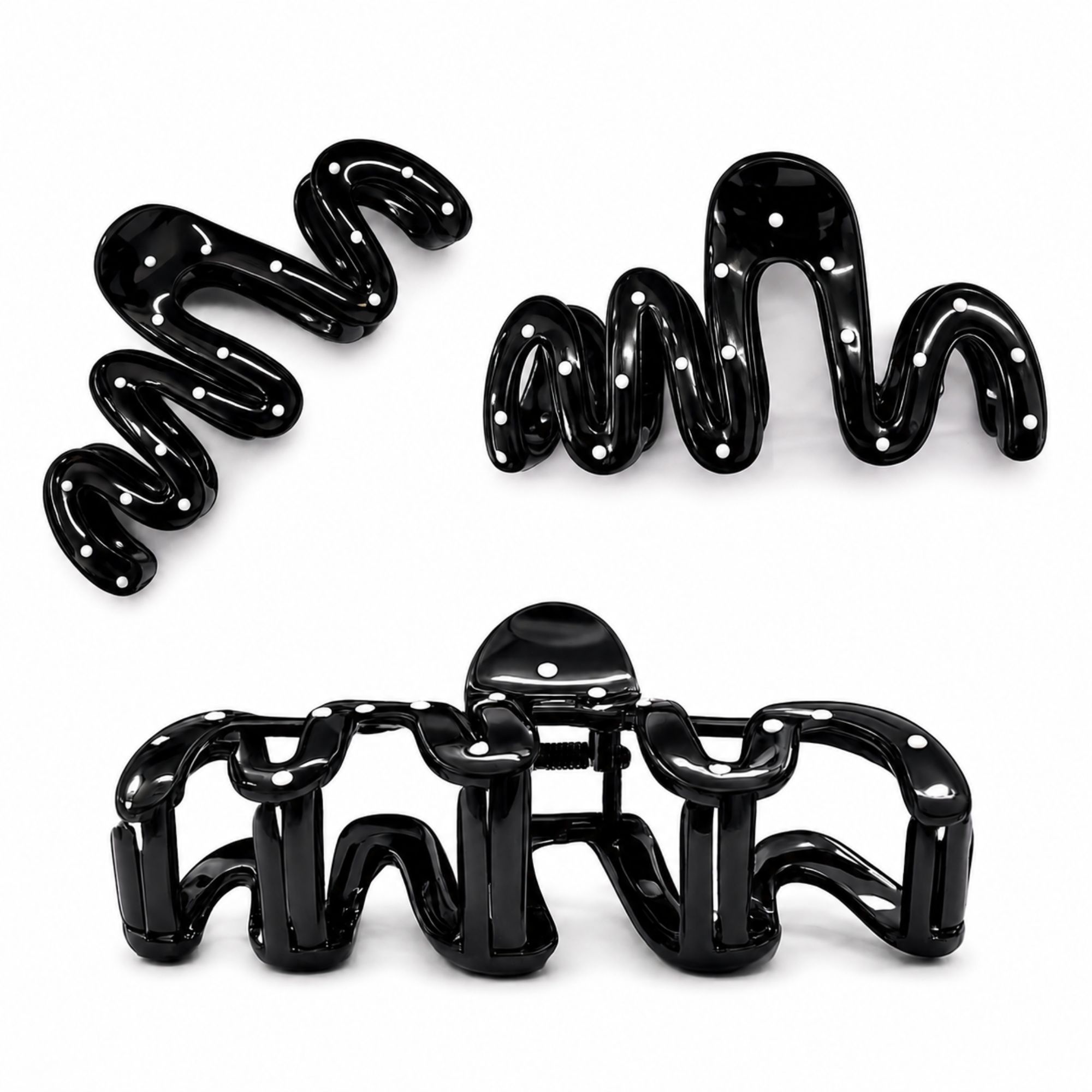 #0437 WAVY HAIR CLAW POLKADOT BLACK 12.5CM