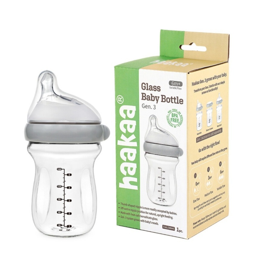 Haakaa Gen 3 Glass Baby Bottle 180ml (6m+) - Grey