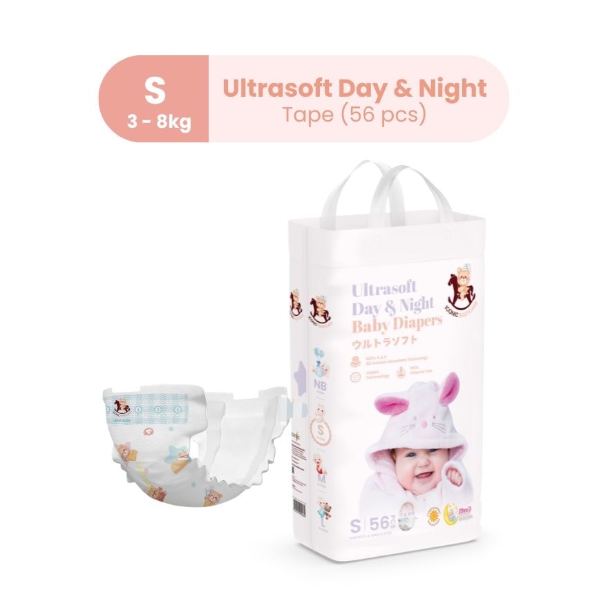 Ultrasoft Day & Night Baby Diapers - Tape S 56pcs