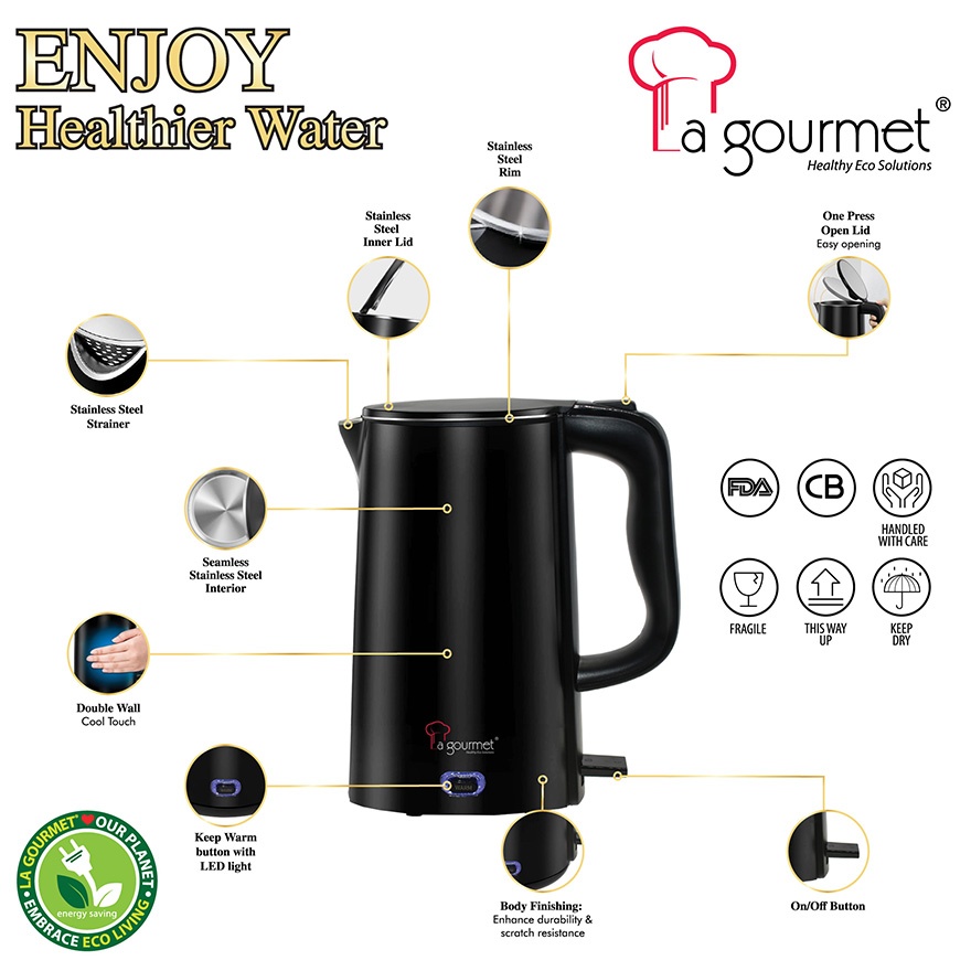 La gourmet Healthy Seamless 3L Electric Kettle with Keep Warm - Matt Black image
