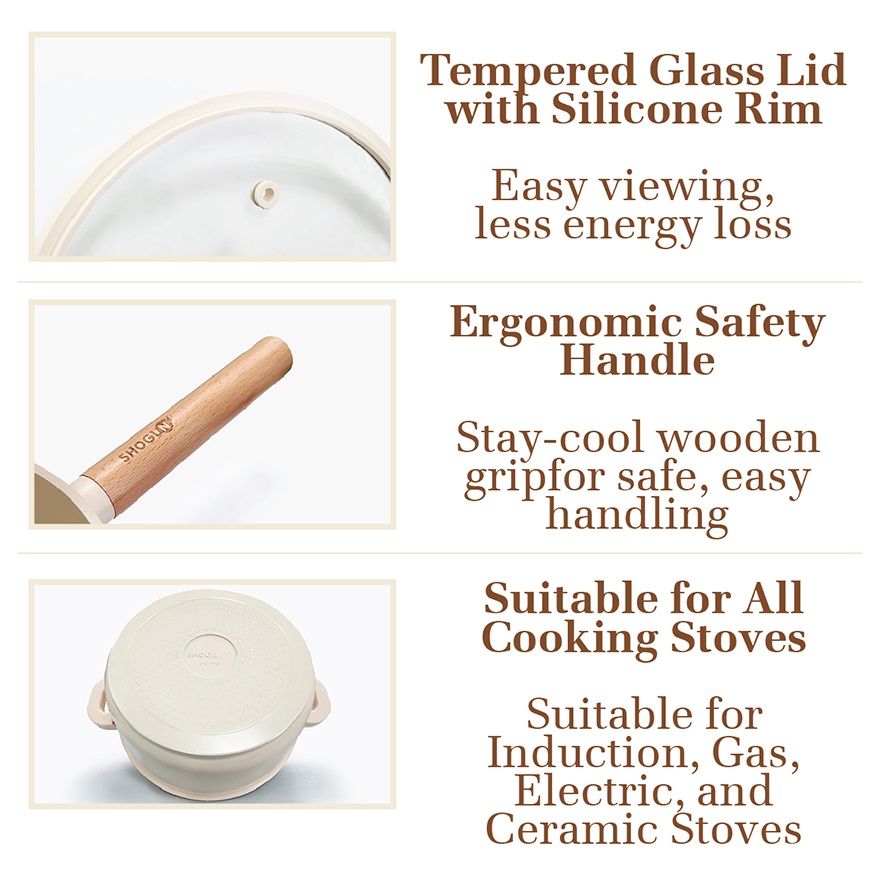 Shogun Ivory 20 x 8.8cm Saucepan with Silicone Rim Glass Lid, Induction, 2.2L