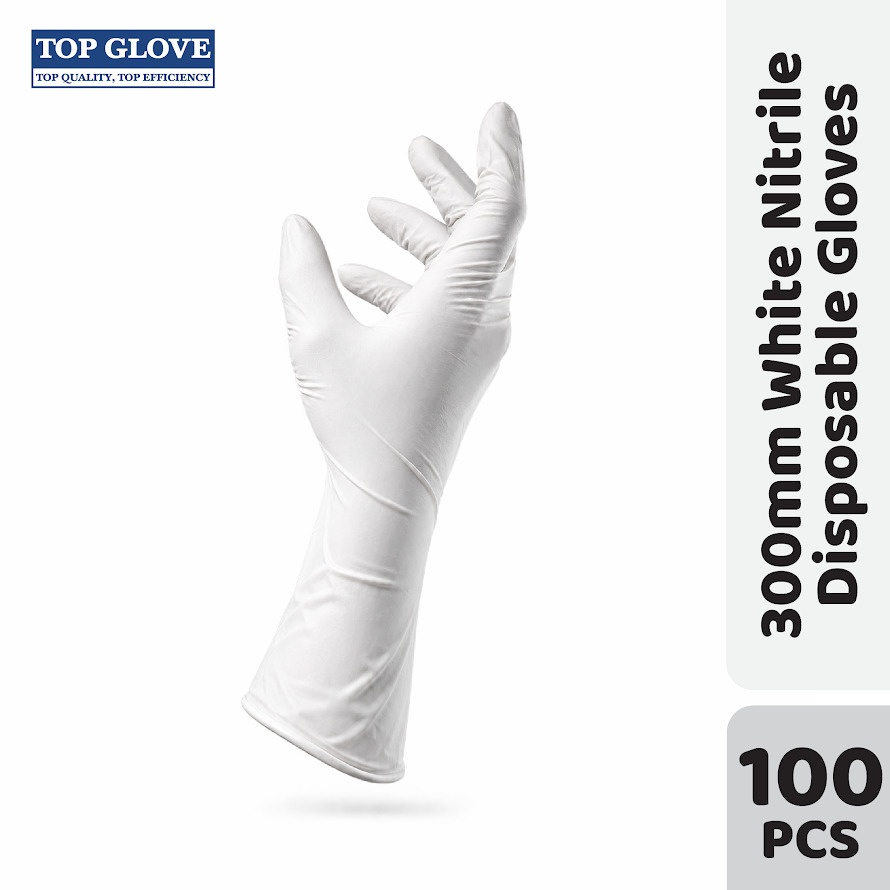 Top Glove 300mm Nitrile Disposable Powder Free Glove, White, M image