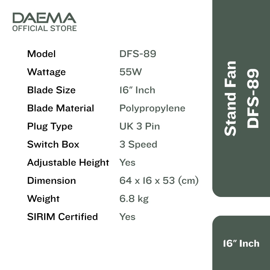 DAEMA 16 Inch Stand Fan DFS-89