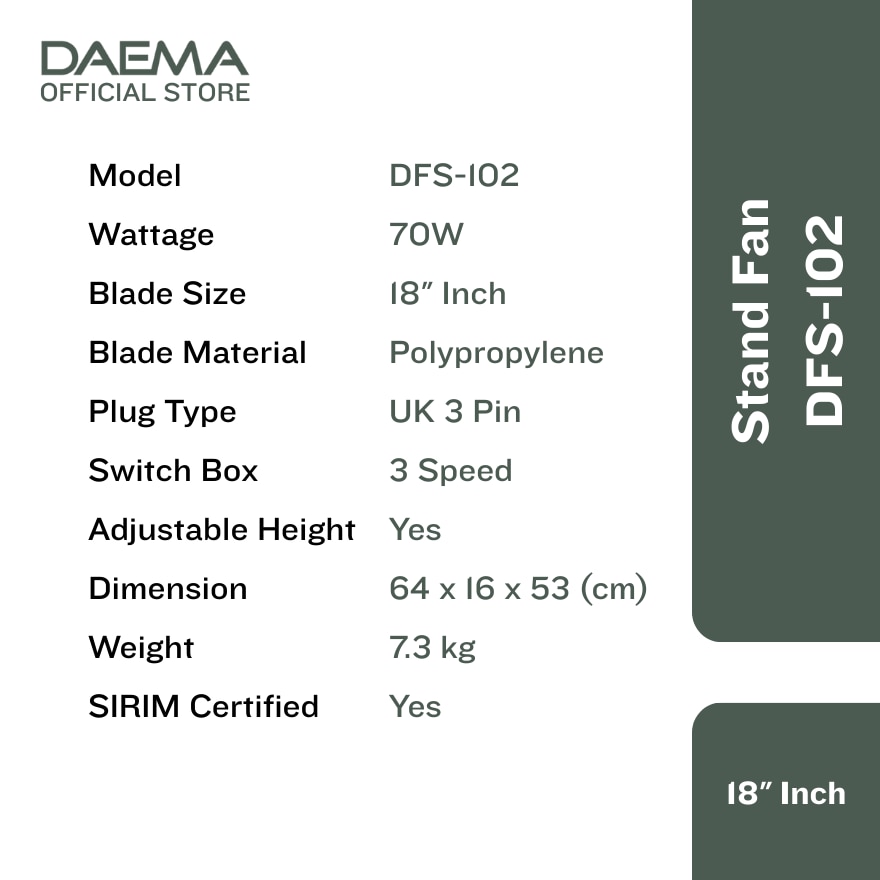 DAEMA 18 Inch Stand Fan DFS-102