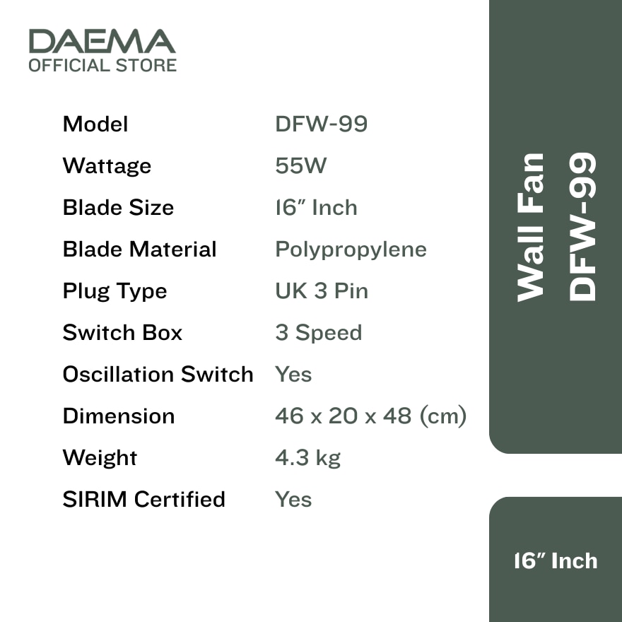 DAEMA 16 Inch Wall Fan DFW-99