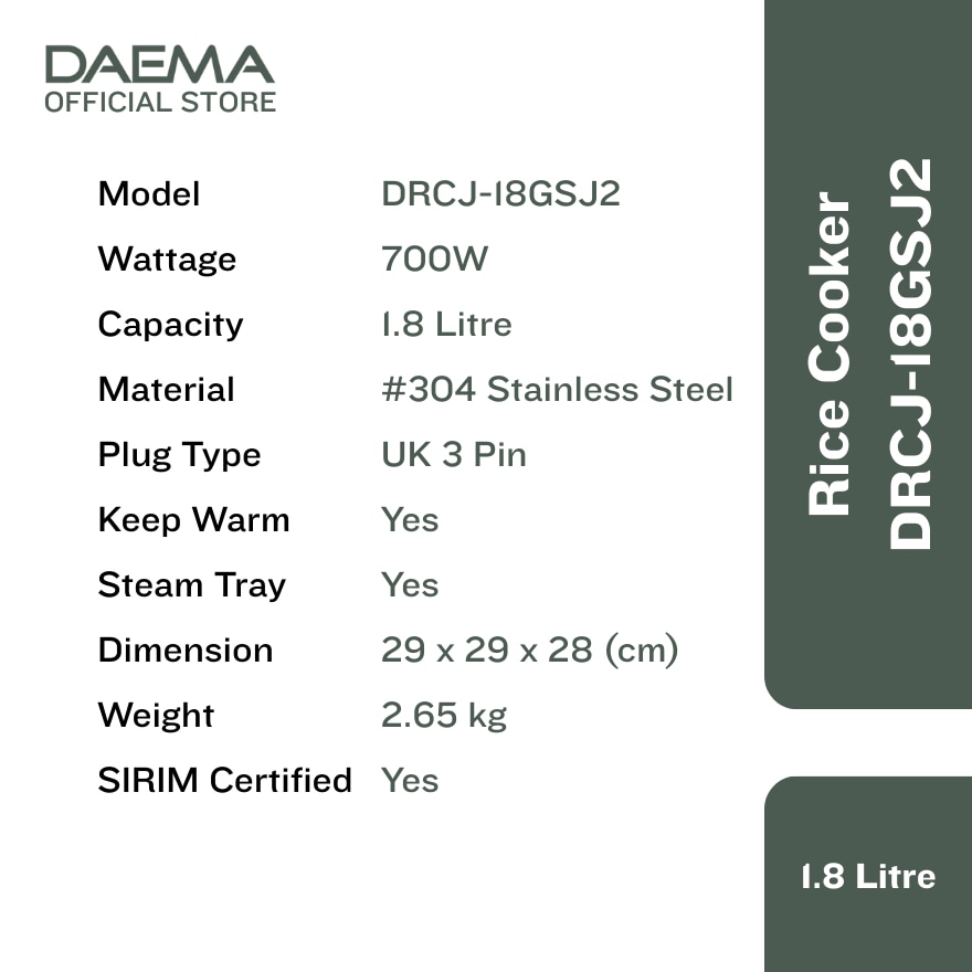 DAEMA ELECTRIC RICE COOKER 1.8L DRCJ-18GSJ2