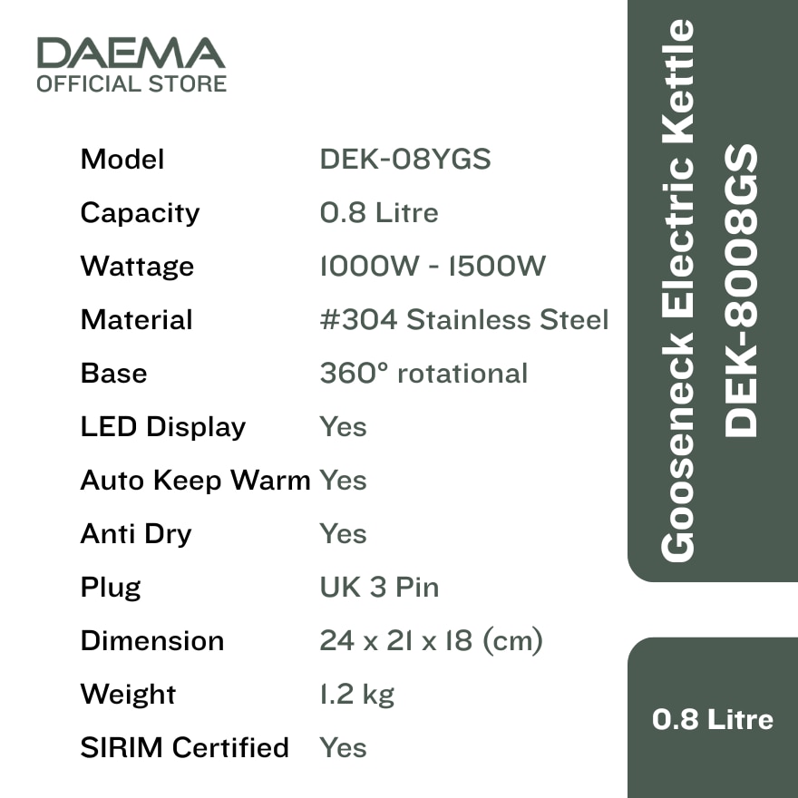DAEMA 0.8L SMART GOOSENECK ELECTRIC KETTLE DEK-08YGS
