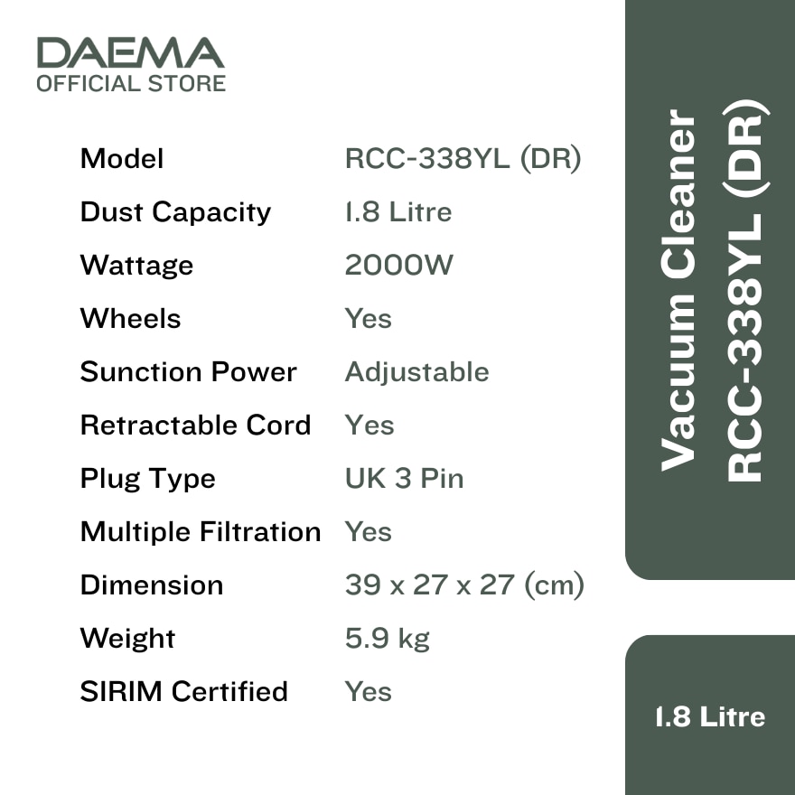 DAEMA 1.8L VACUUM CLEANER RCC-338YL (DR)