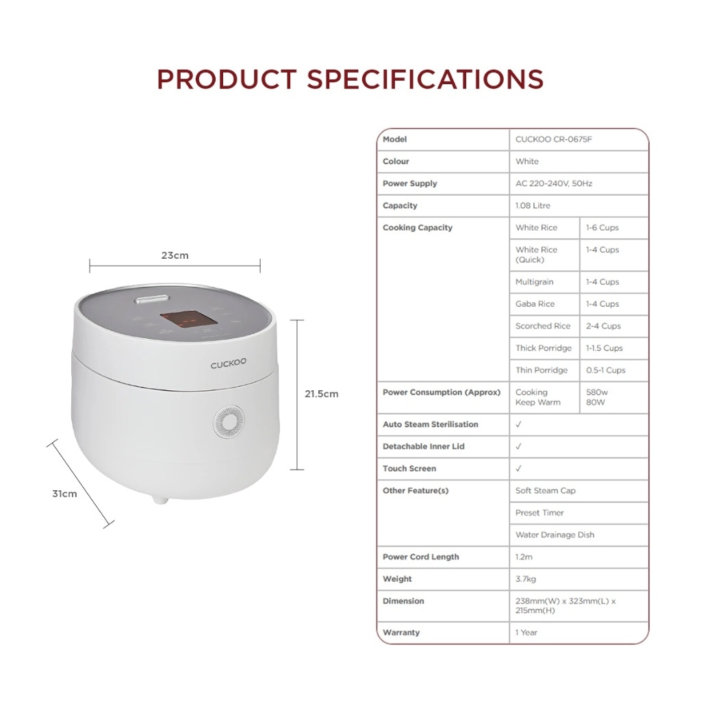 CUCKOO 8-Function Multi-Cooker (6 Cup/1.08L)-CR-0675F