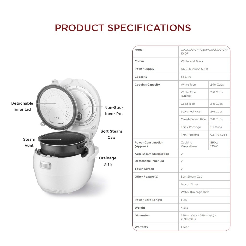 CUCKOO 14-Function Multi-Cooker (10 Cups/1.8L)-CR-1020F