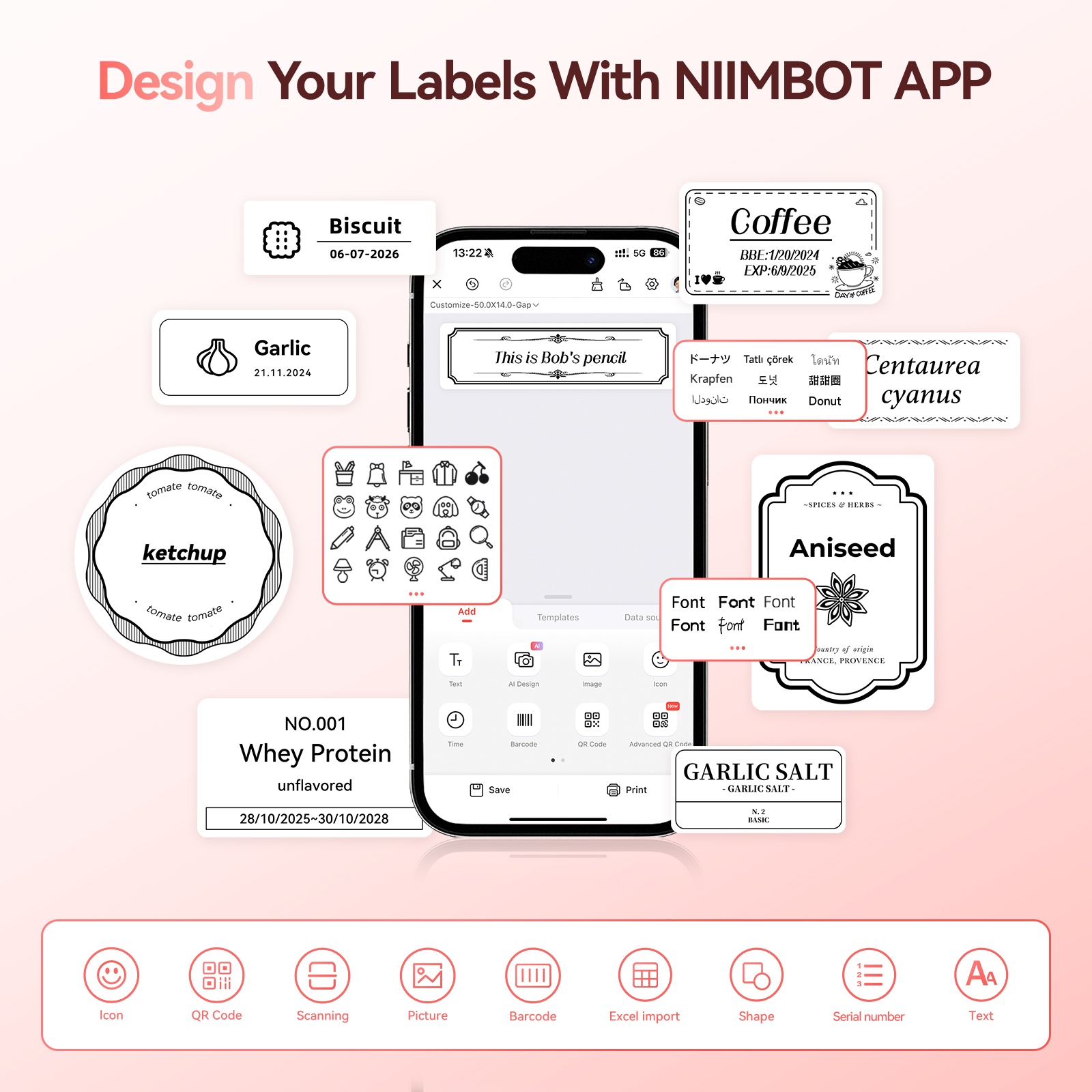 NIIMBOT B21S Pink Portable Bluetooth Thermal Label Makers Inkless Label Printer