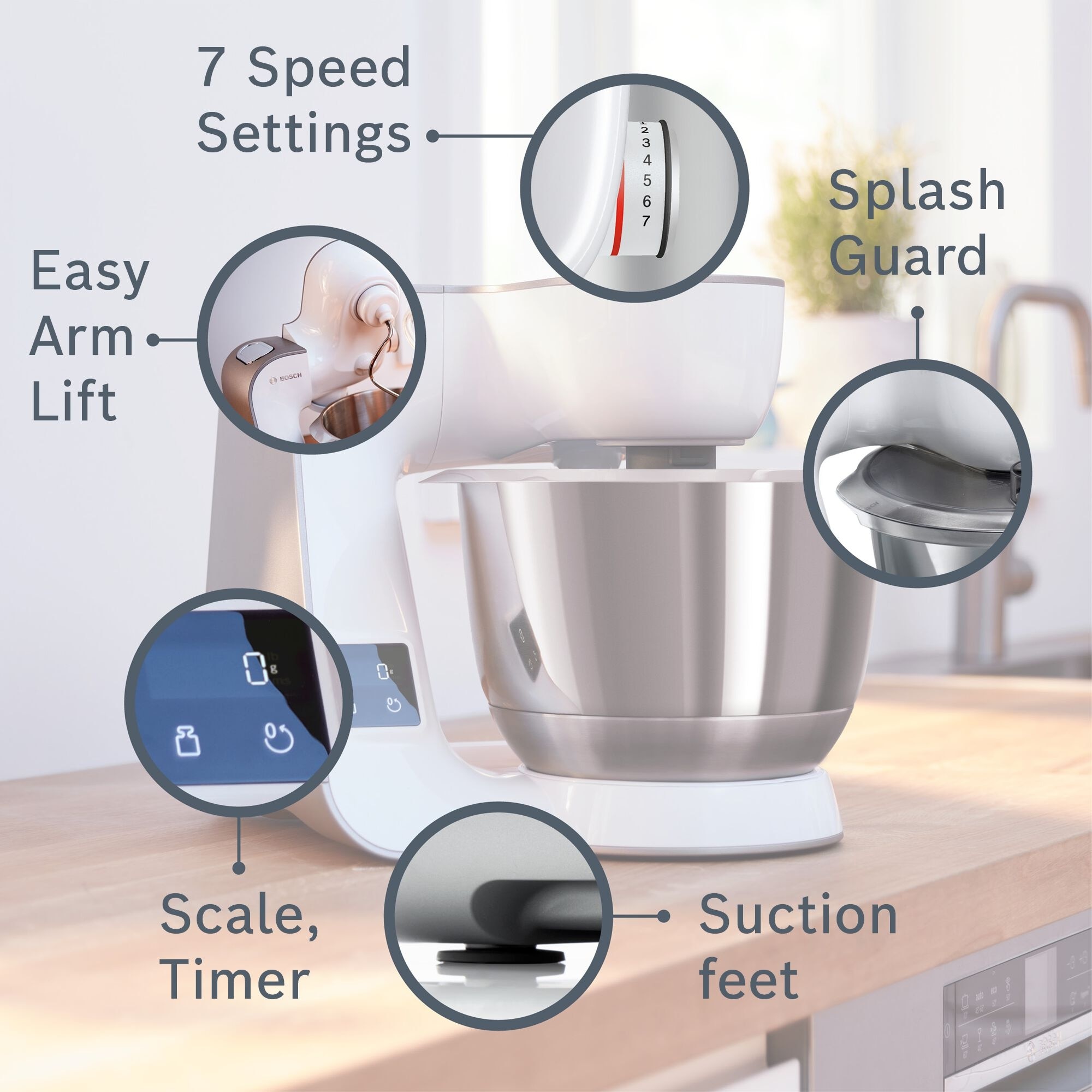 Bosch Series 4, 3.9L 1000W Kitchen Machine, Champagne/White - MUM5XW40