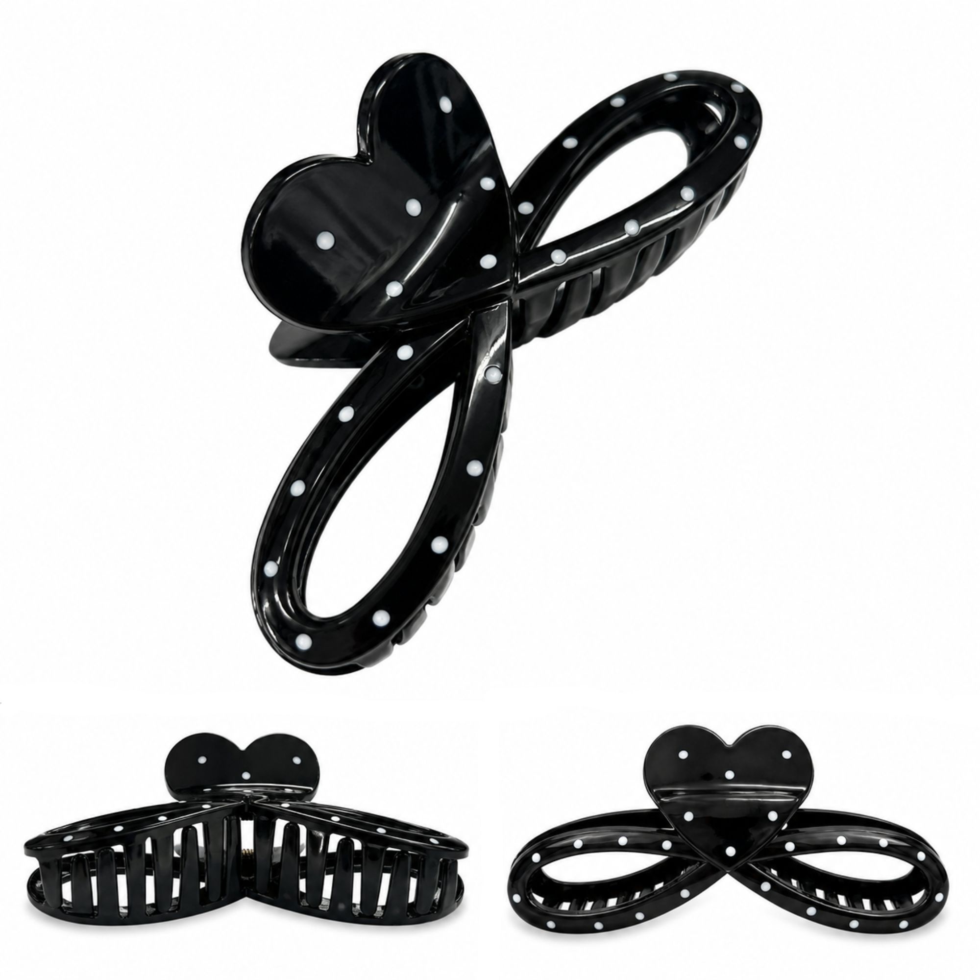 #0426 HEART RIBBON HAIR CLAW POLKADOT BLACK 12.5CM