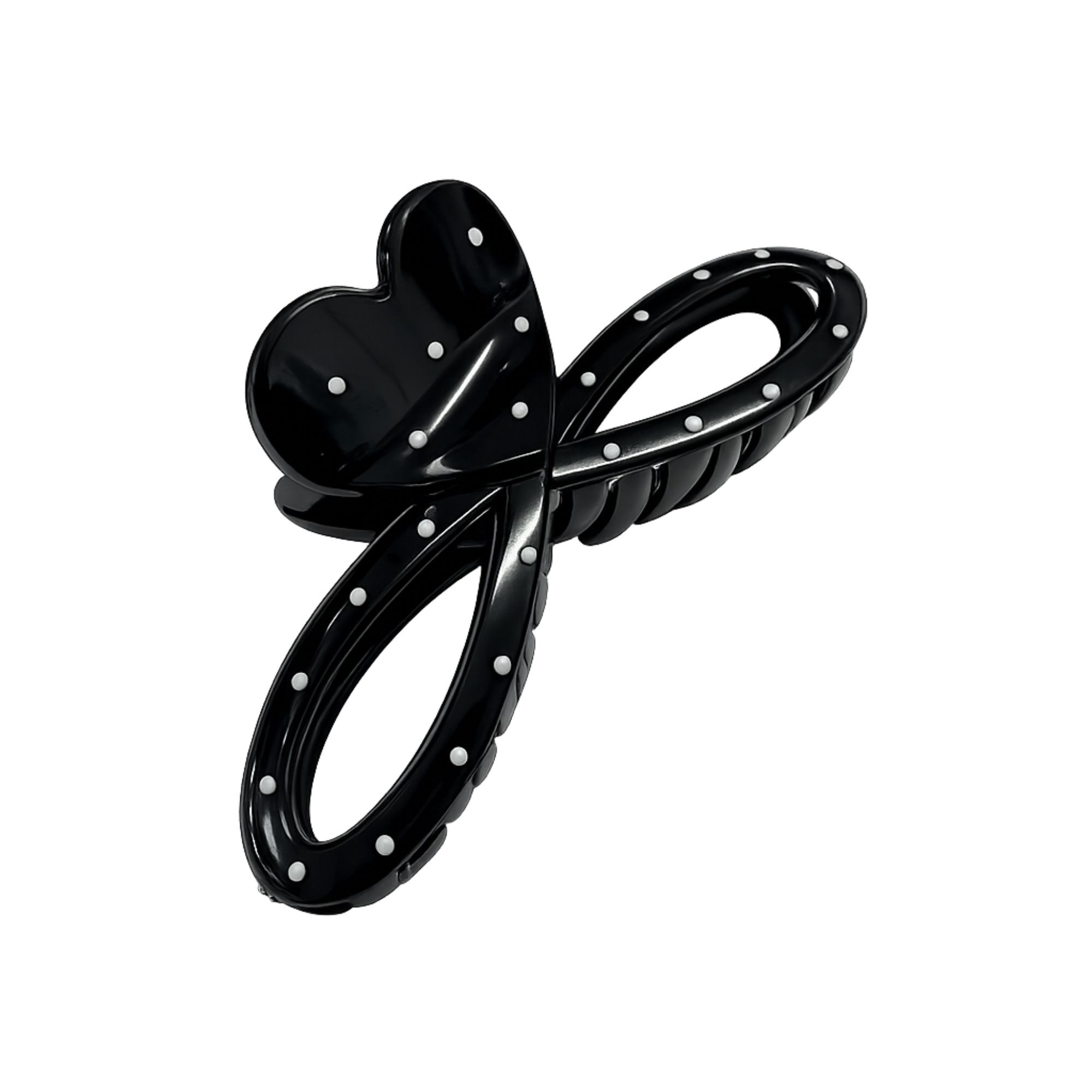 #0426 HEART RIBBON HAIR CLAW POLKADOT BLACK 12.5CM