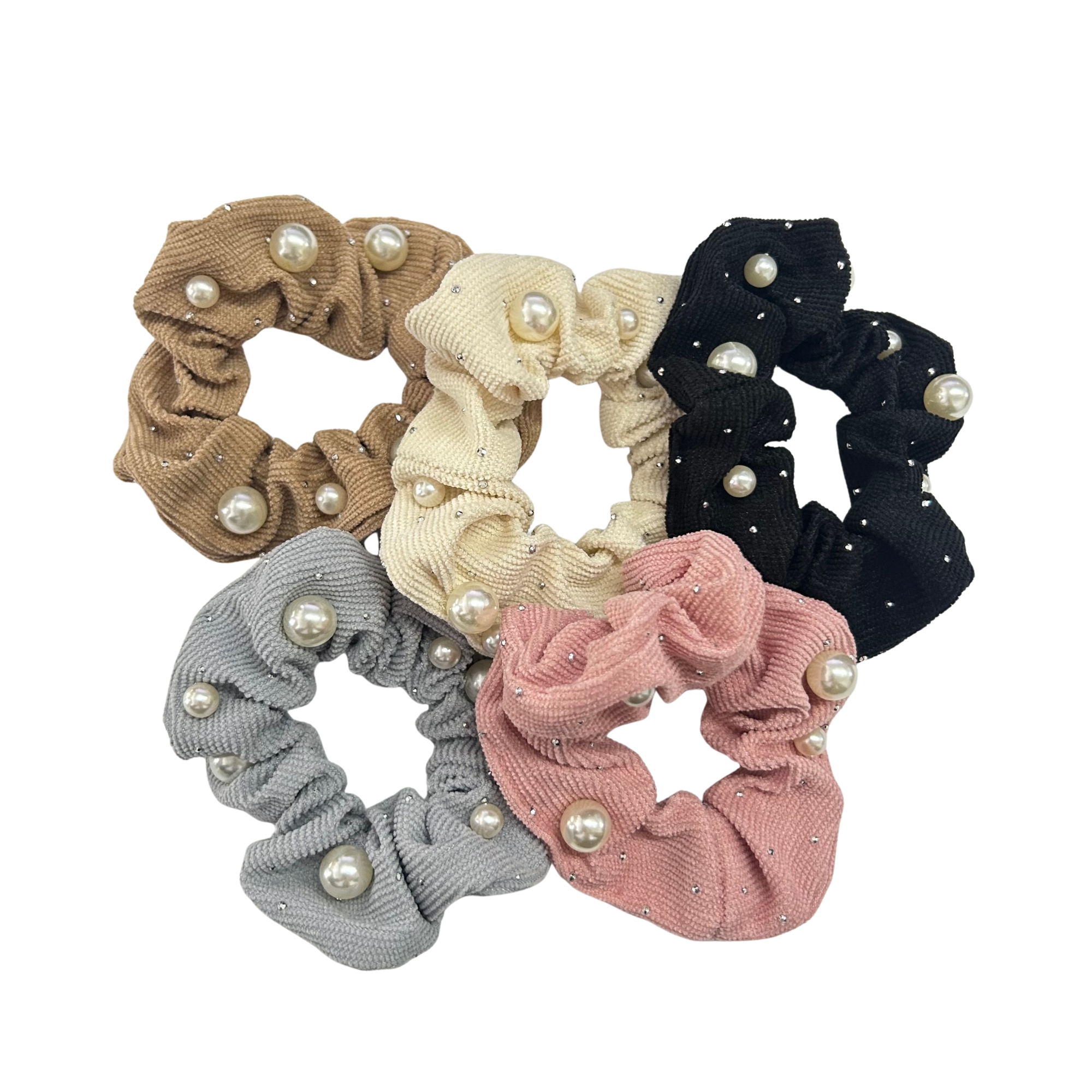 APN-0231 PEARL RIBBED SCRUNCHIES HAIR TIE 9CM image