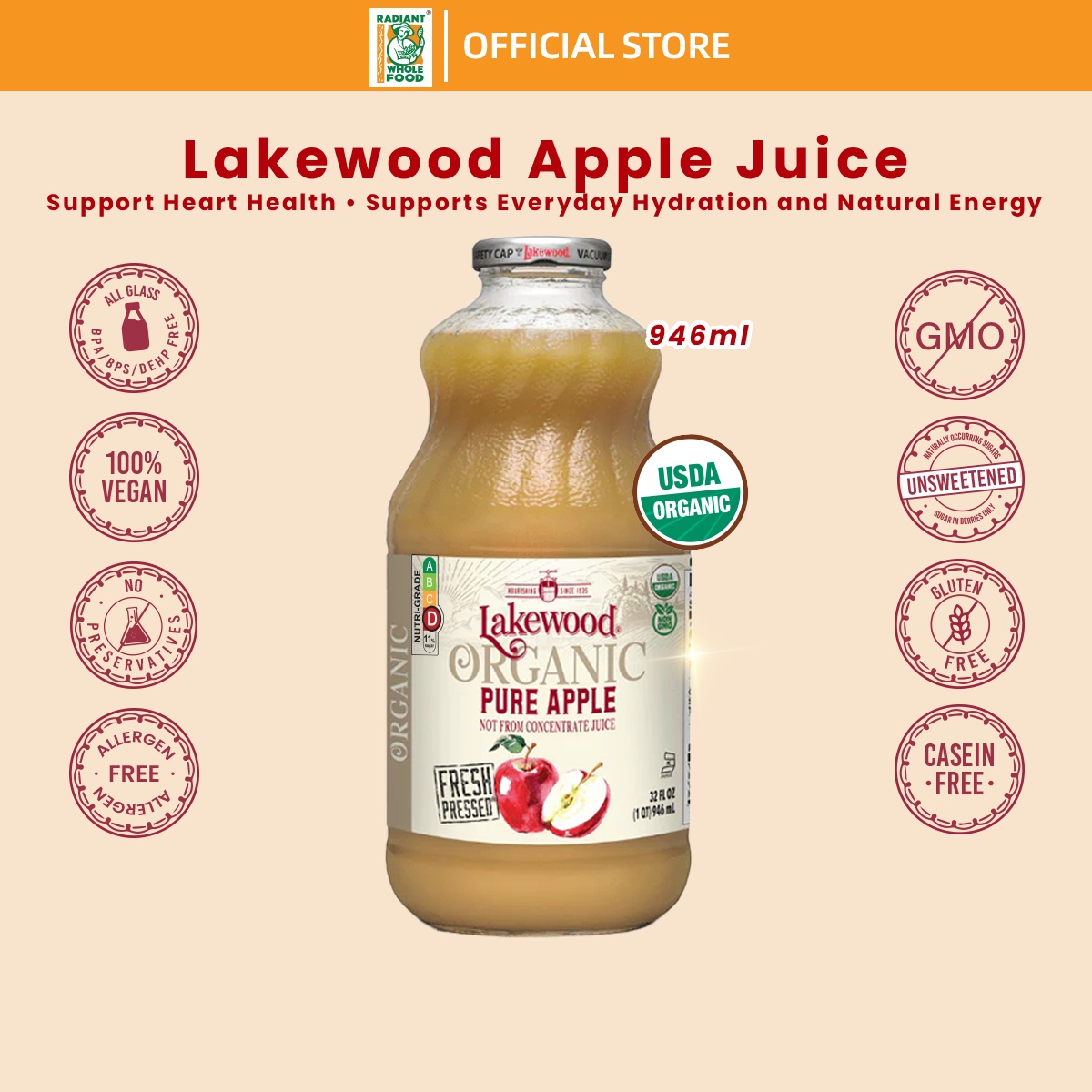 Lakewood Organic Pure Apple Juice (946ml)