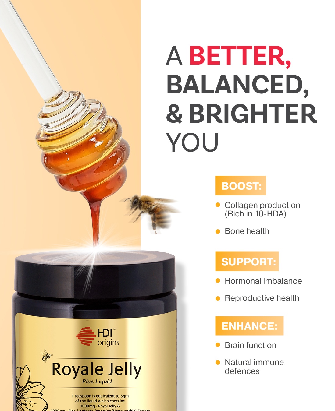 HDI Origins™ Liquid Royale Jelly - Harvested frozen 24 Hours - Anti aging, Hormone - Awet Muda - 150g