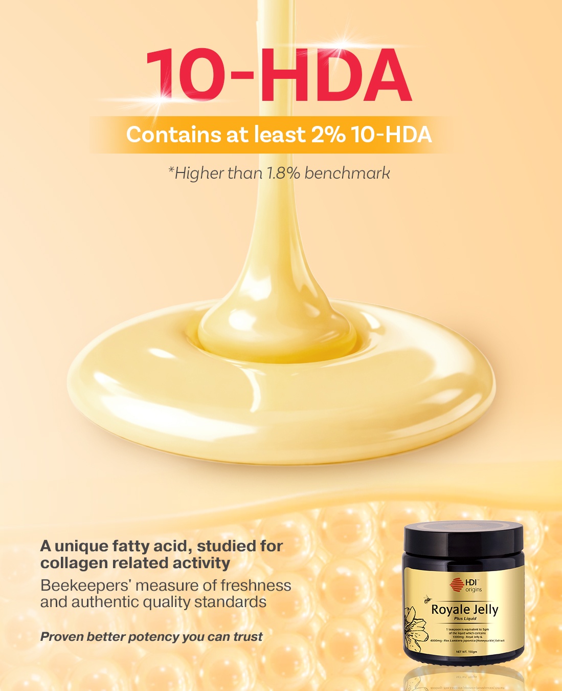 HDI Origins™ Liquid Royale Jelly - Harvested frozen 24 Hours - Anti aging, Hormone - Awet Muda - 150g