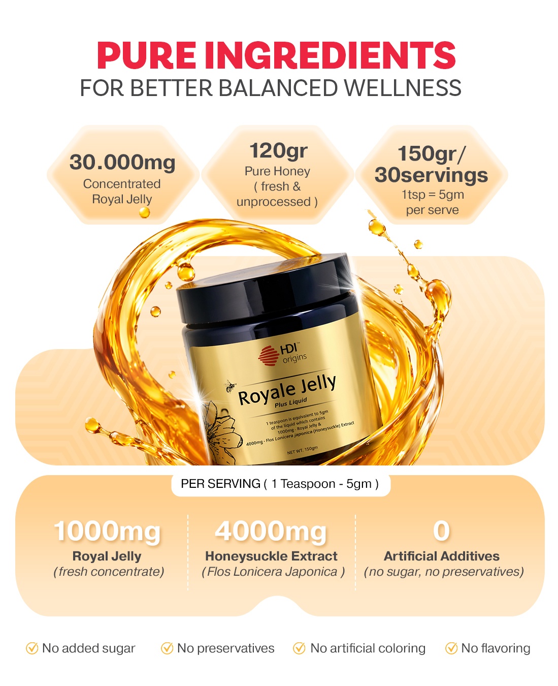 HDI Origins™ Liquid Royale Jelly - Harvested frozen 24 Hours - Anti aging, Hormone - Awet Muda - 150g