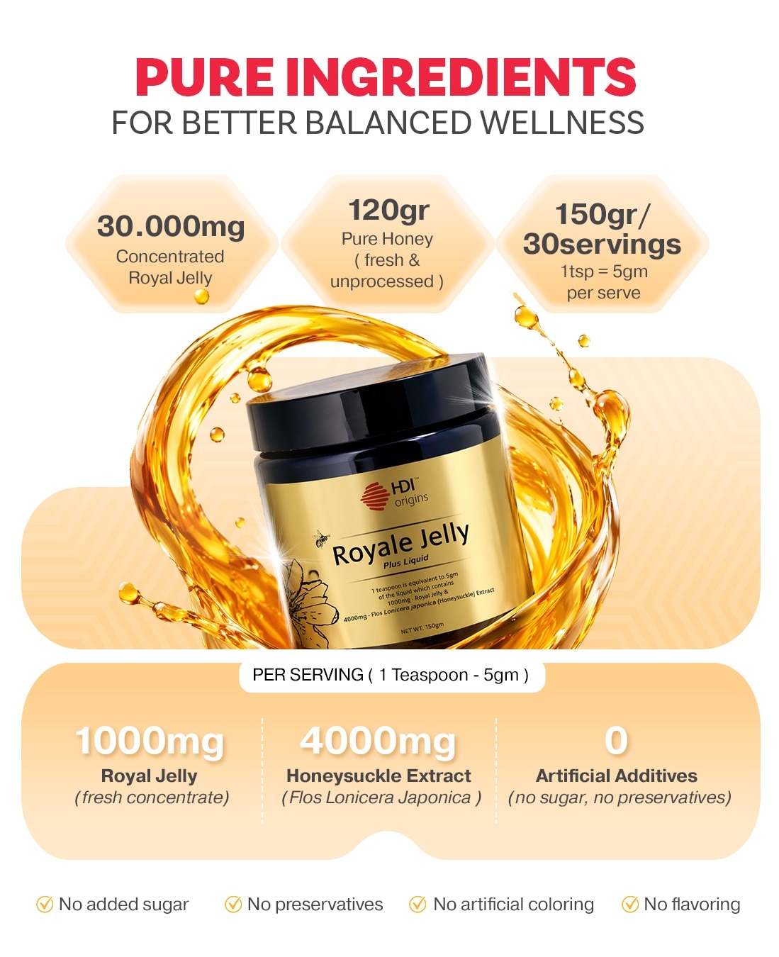 HDI Origins™ Liquid Royale Jelly - Harvested-frozen 24 Hours - Anti-aging, Hormone - Awet Muda -150g