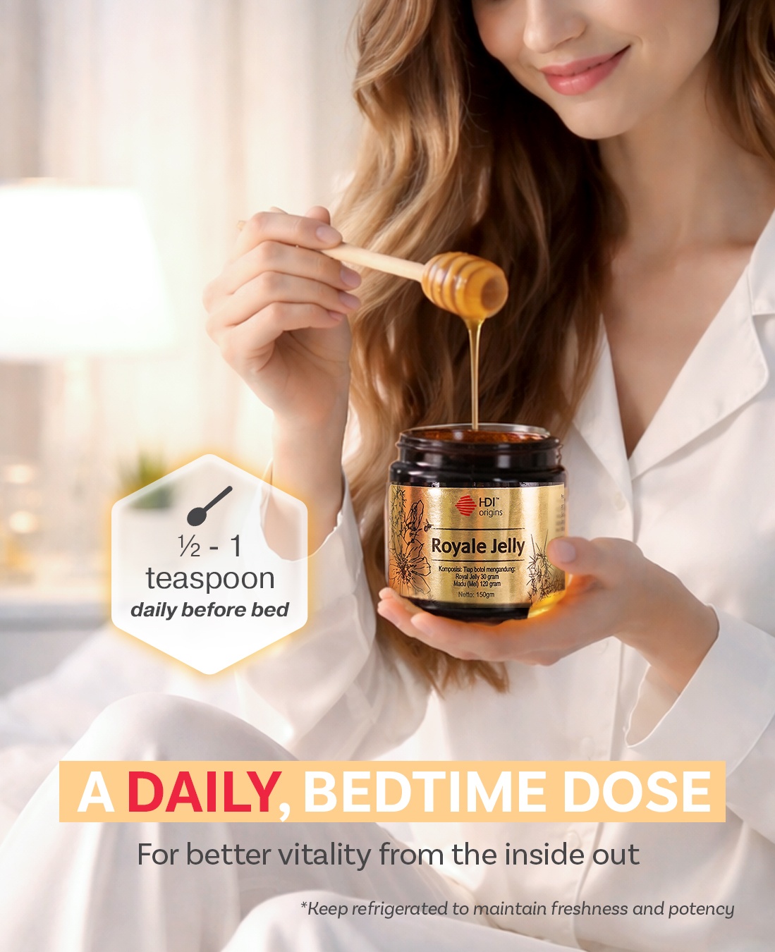 HDI Origins™ Liquid Royale Jelly - Harvested frozen 24 Hours - Anti aging, Hormone - Awet Muda - 150g