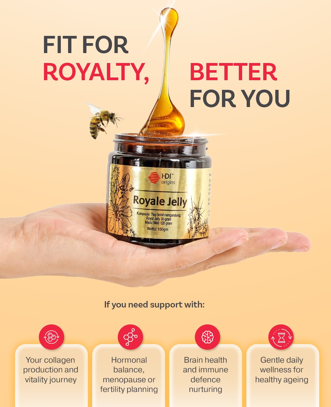HDI Origins™ Liquid Royale Jelly - Harvested frozen 24 Hours - Anti aging, Hormone - Awet Muda - 150g