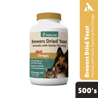 NATURVET - Brewers Dried Yeast Formula With Garlic Flavoring Chewable Tablets Plus Omega 500s
