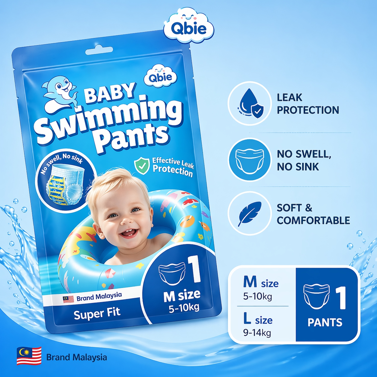 Qbie Baby Swimming Diapers - L size ( 9kg-14kg ) image
