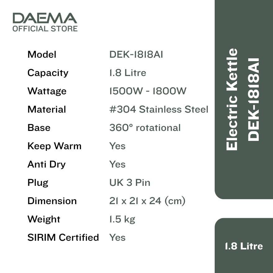 DAEMA 1.8L Seamless & Keep Warm Electric Kettle - DEK-1818AI