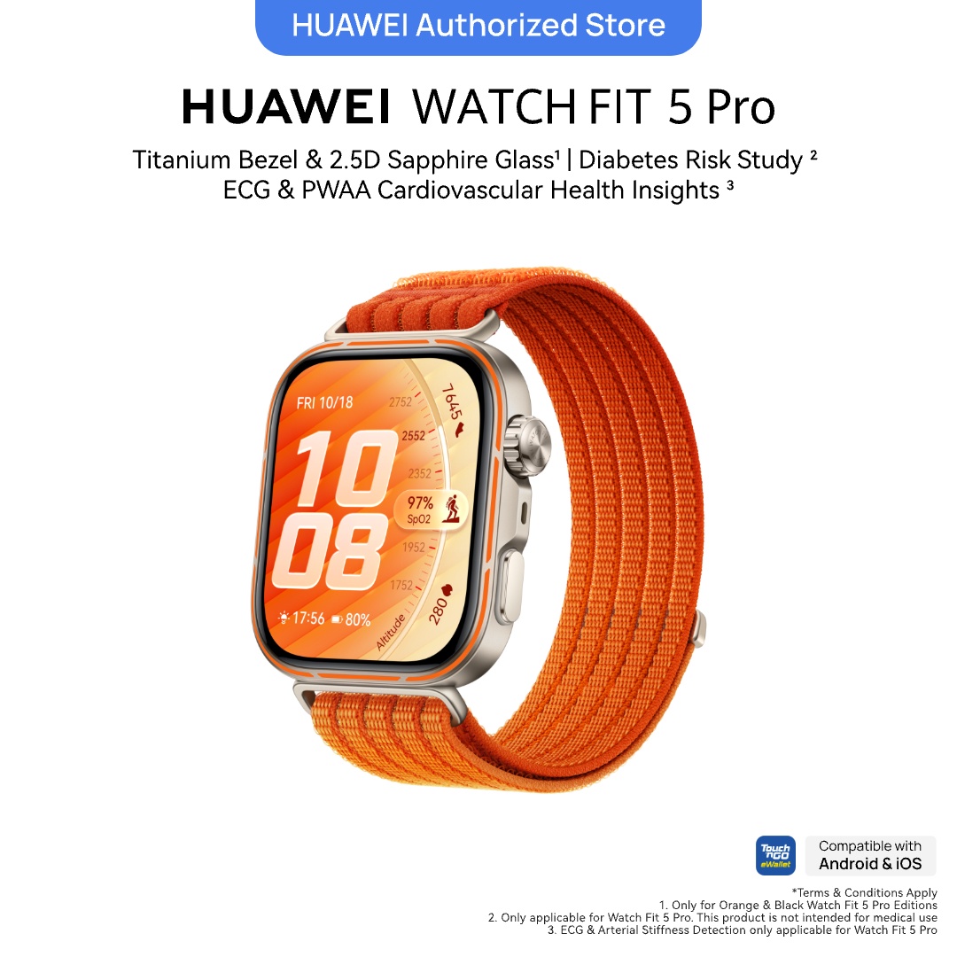 HUAWEI WATCH FIT 5 Pro Orange Smartwatch, Titanium Bezel & 2.5D Sapphire Glass*, Diabetes Risk Study**, ECG & PWAA Cardiovascular Health Insights*, Mini-workout