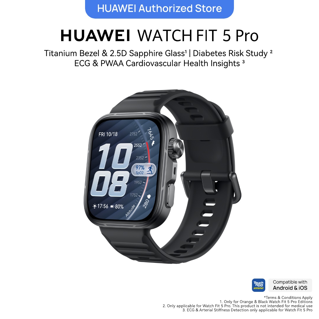 HUAWEI WATCH FIT 5 Pro Black Smartwatch, Titanium Bezel & 2.5D Sapphire Glass*, Diabetes Risk Study**, ECG & PWAA Cardiovascular Health Insights*, Mini-workout