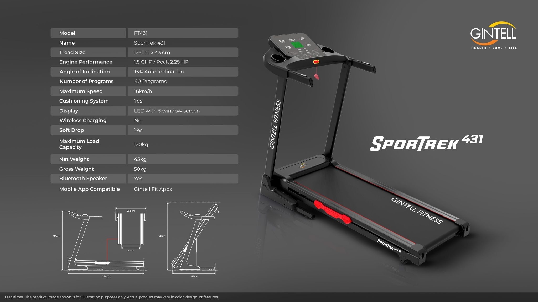 GINTELL Sportrek FT431 Bluetooth Auto Inclination Treadmill (Foldable) - (Black)
