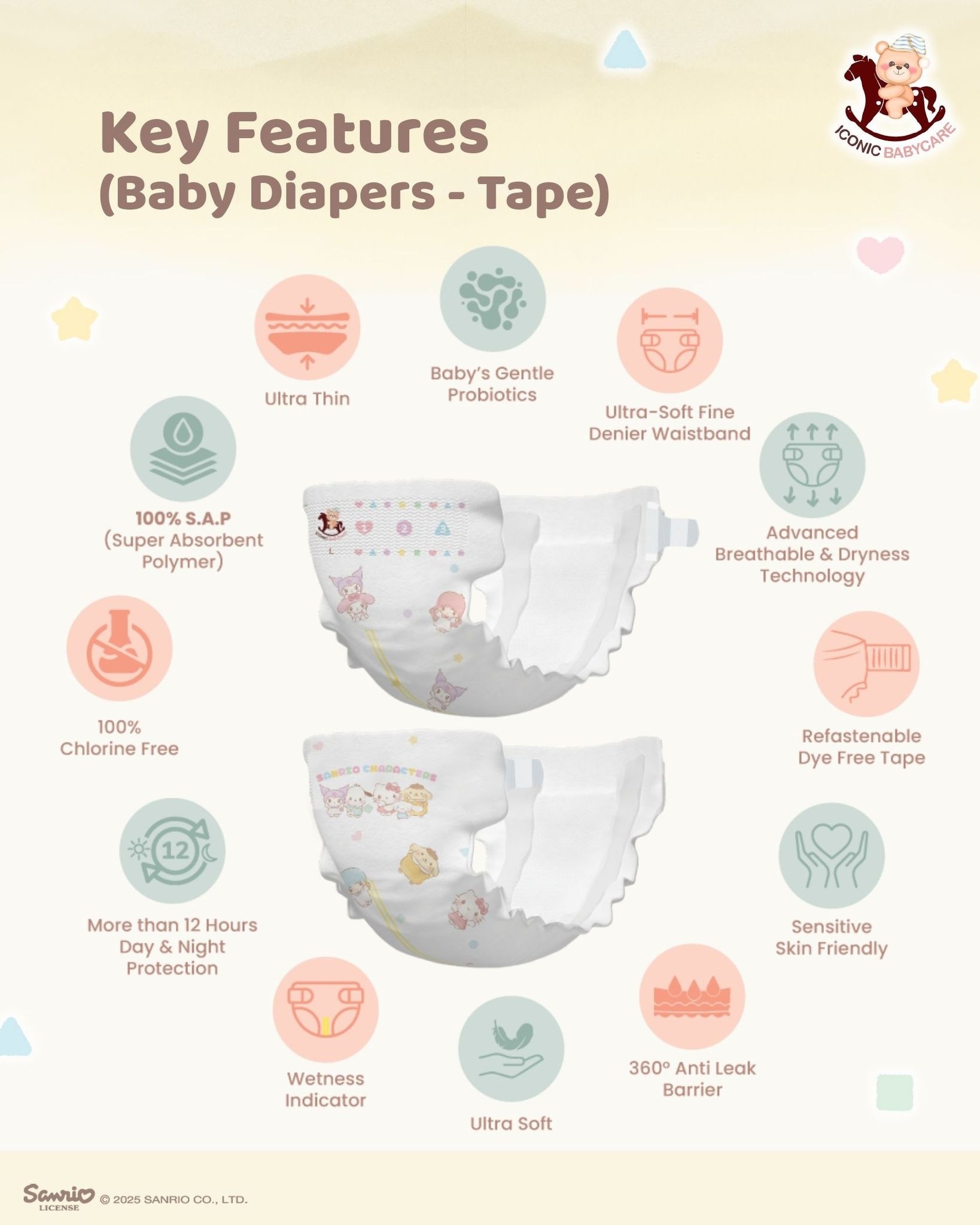 Sanrio Premium Day & Night Baby Diapers - Tape S 208pcs