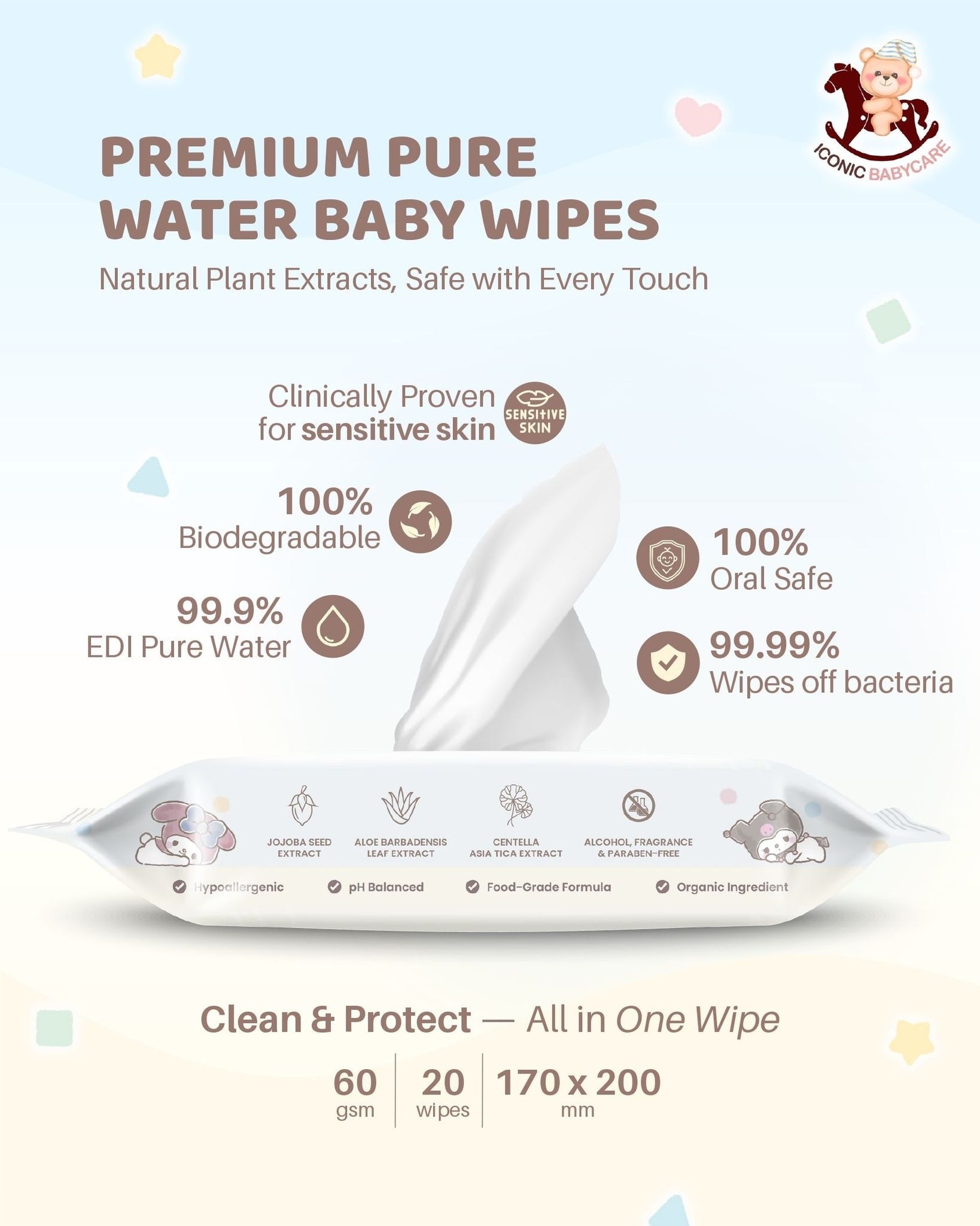 Sanrio Baby Wipes Sanrio Characters 20'S x 3