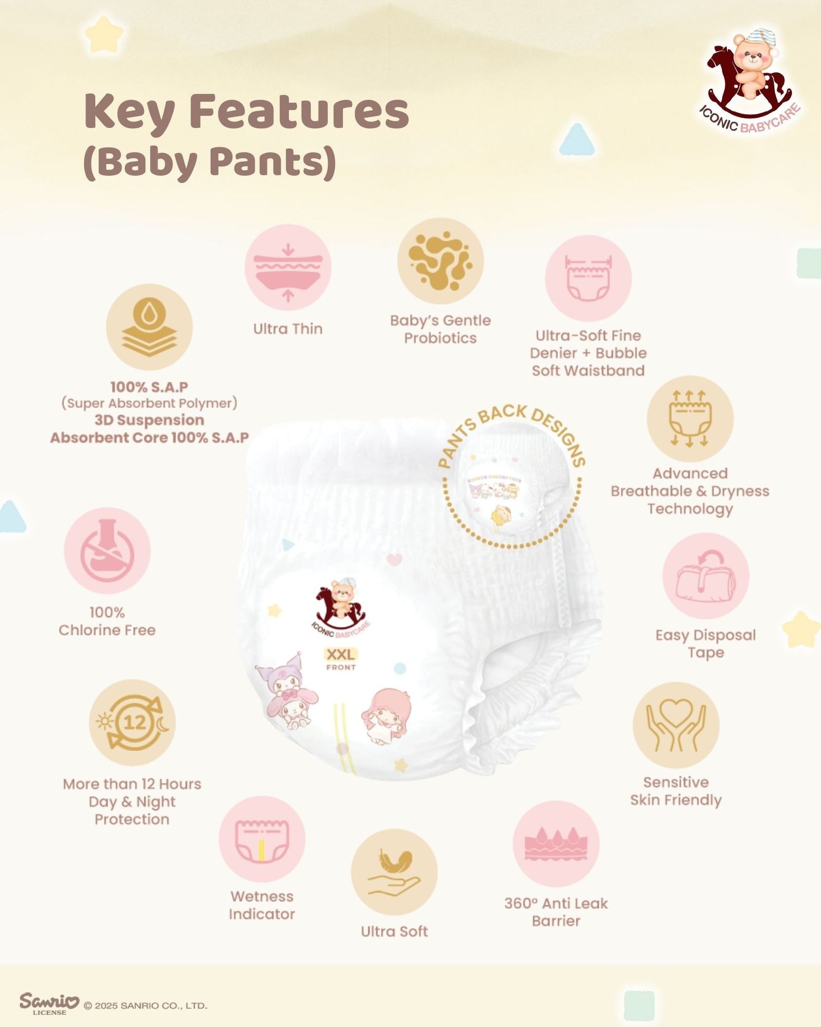 Sanrio Premium Day & Night Baby Diapers - Pants L 144pcs