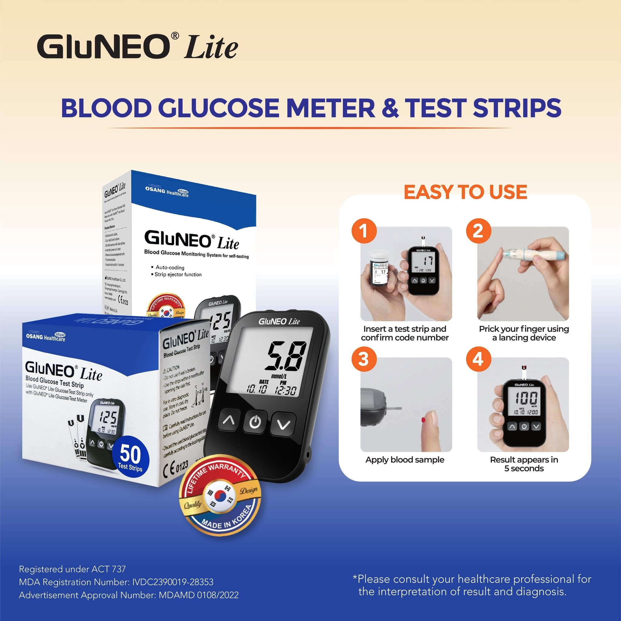 Infopia Gluneo Lite Blood Glucose Meter with Strips Value Pack 1s