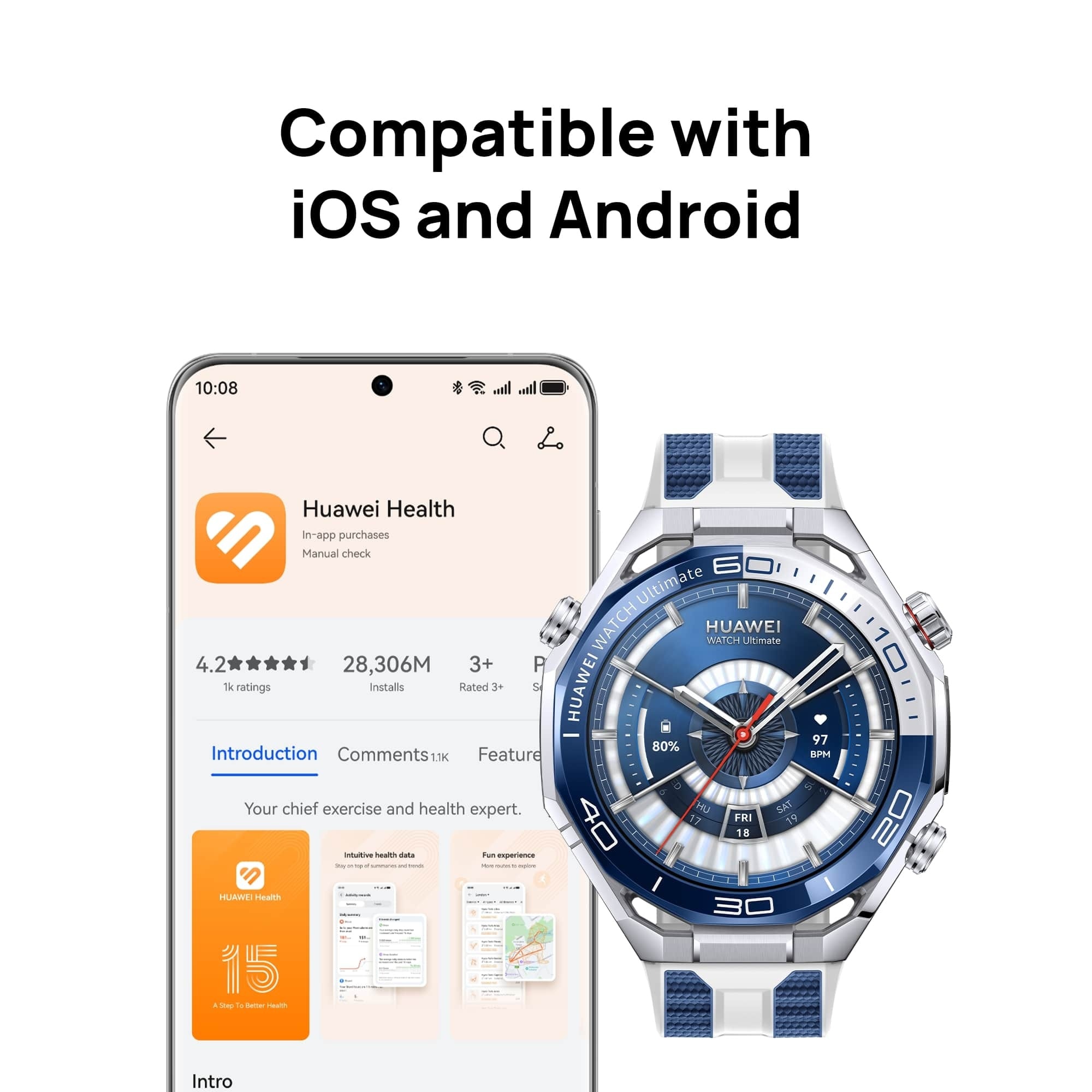 HUAWEI Ultimate 2 Smartwatch Black, Ultra Reliable Liquid Metal, 150M Diving, Sonar-based Underwater Communication, Multi-sensing X-TAP