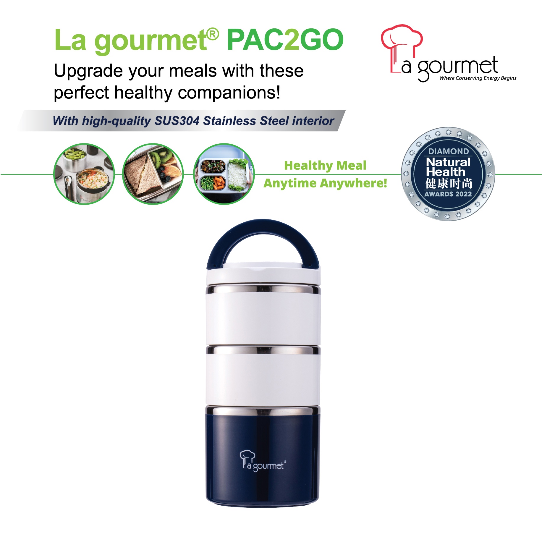 La gourmet 3R Pac2Go 1230ml Triple Deck Lunch Box - Blue