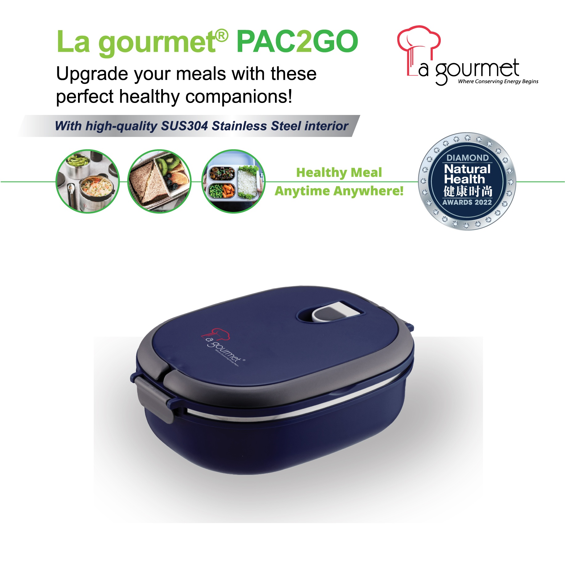 La gourmet 3R Pac2Go 0.9L Rectangular Lunch Box - Blue image