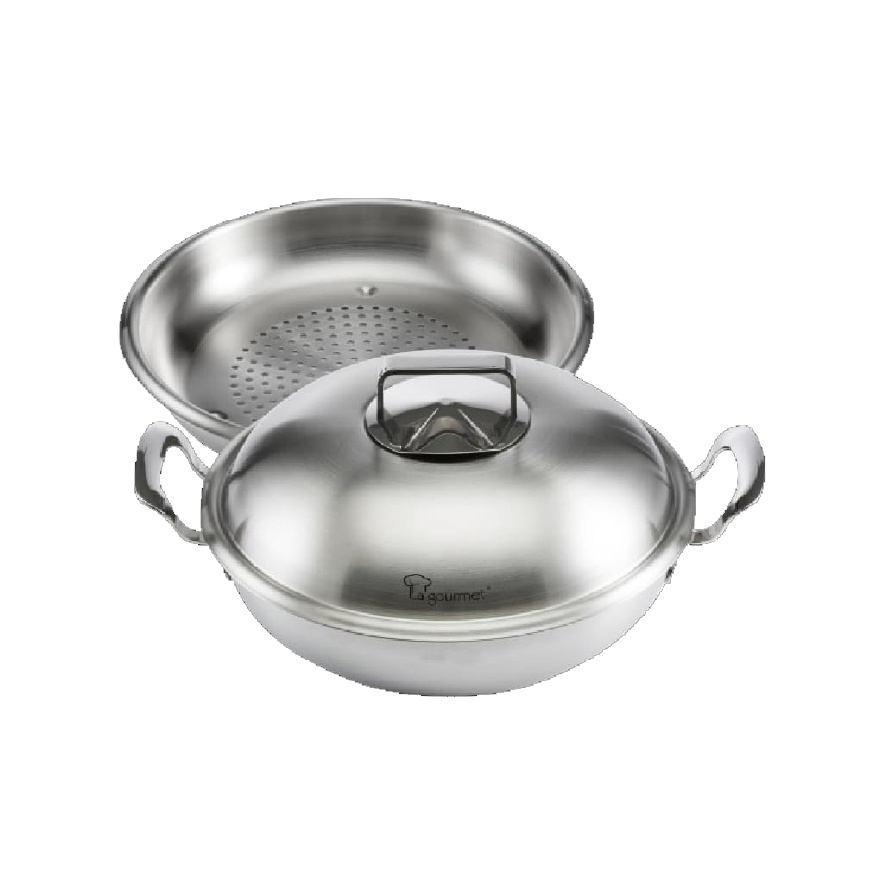 La gourmet Gourmet 28cm 5ply 18/10 Stainless Steel Wok with Steamer Insert and Stainless Steel Cover with Induction image