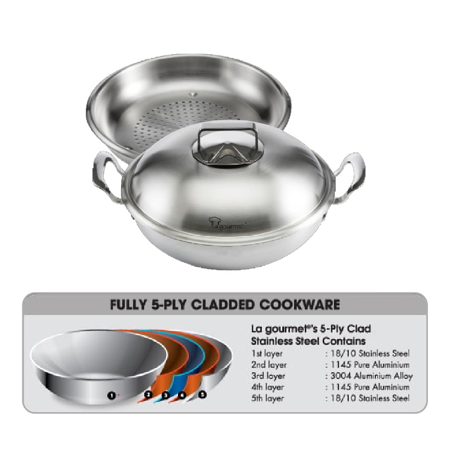 La gourmet Gourmet 28cm 5ply 18/10 Stainless Steel Wok with Steamer Insert and Stainless Steel Cover with Induction image