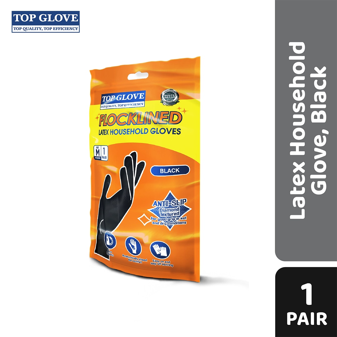 Top Glove Reusable Latex Household Glove for Dishwashing/ Multipurpose Use Black, M
