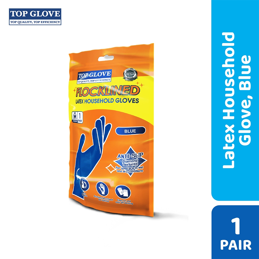 Top Glove Reusable Latex Household Glove for Dishwashing/ Multipurpose Use Blue, M