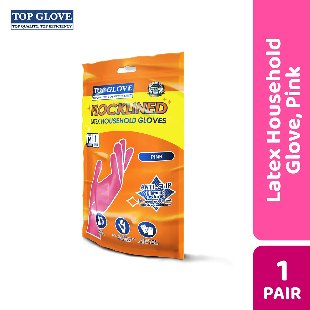Top Glove Reusable Latex Household Glove for Dishwashing/ Multipurpose Use Pink,M