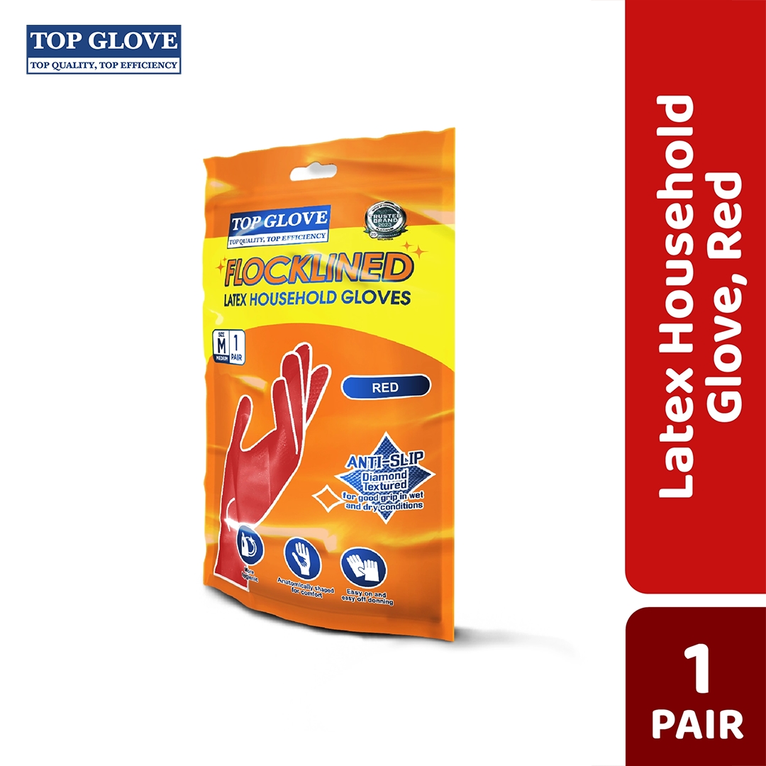 Top Glove Reusable Latex Household Glove for Dishwashing/ Multipurpose Use Red, M