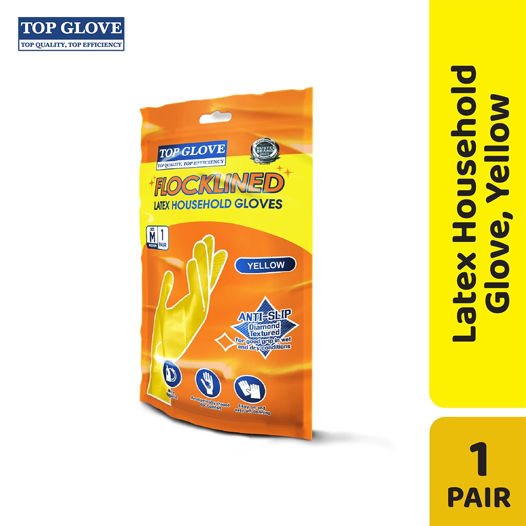 Top Glove Reusable Latex Household Glove for Dishwashing/ Multipurpose Use, Yellow, M