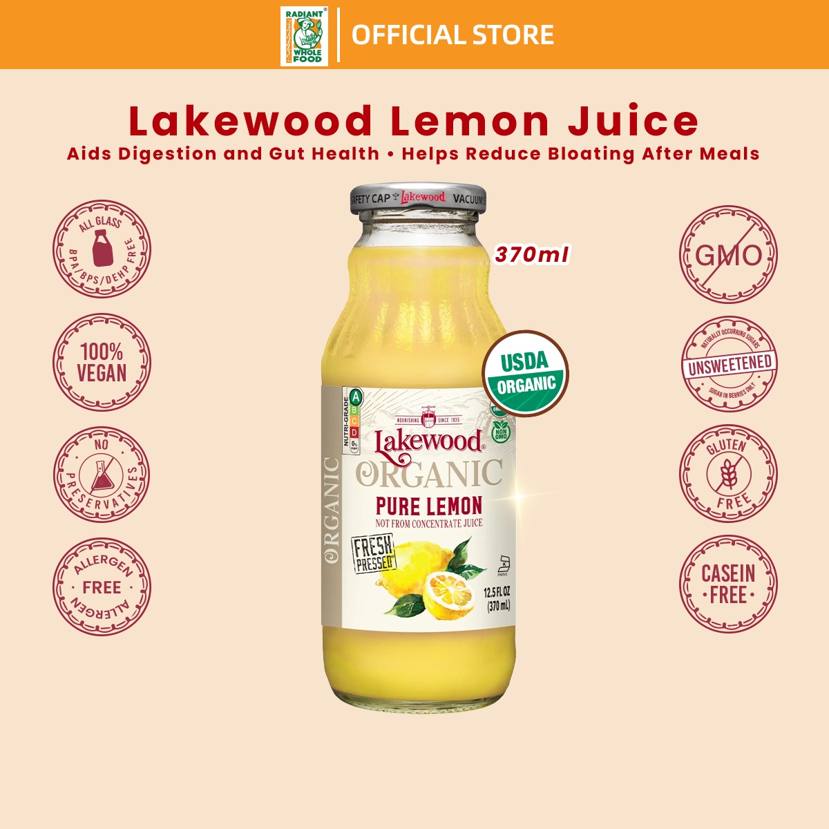 Lakewood Organic Pure Lemon Juice (370ml)