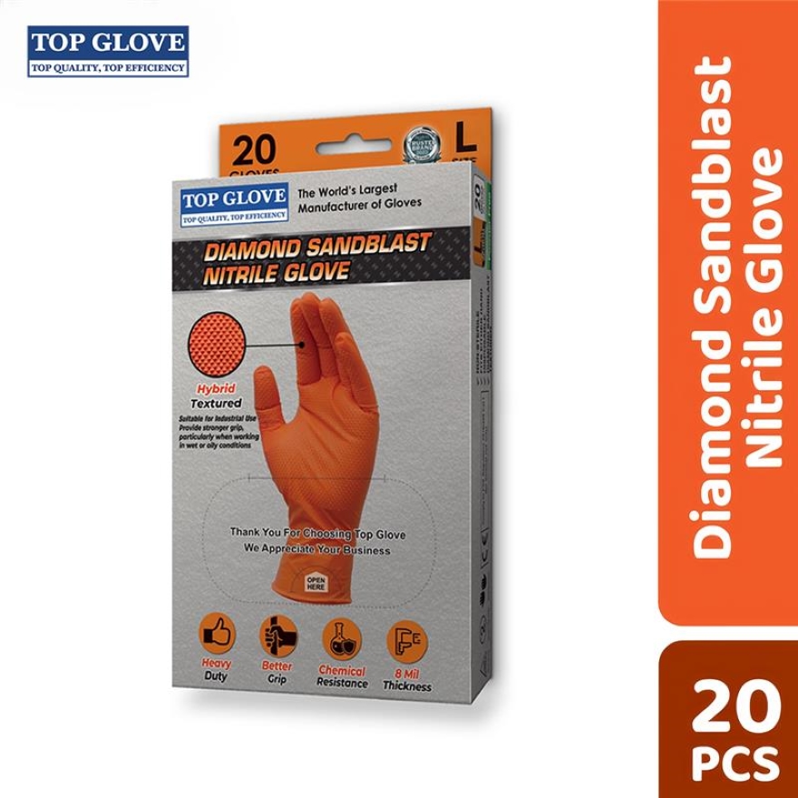 Top Glove Diamond Sandblast Textured Nitrile Powder Free Glove Orange, L