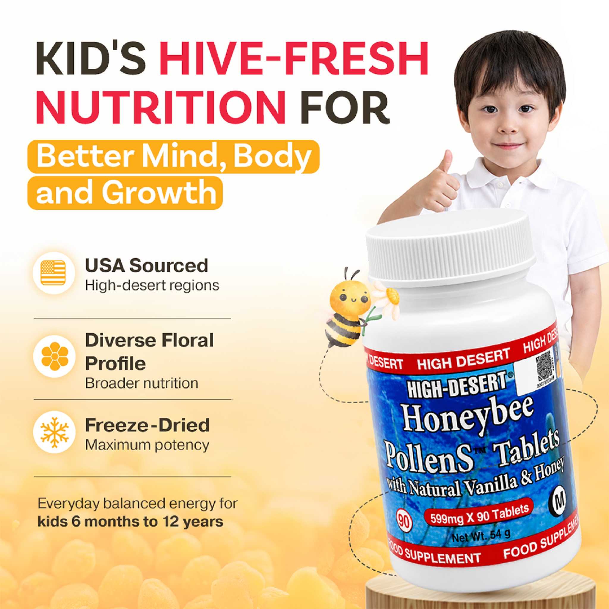 HDI KIDS™ HoneyBee PollenS - Supports Focus, Cognitive Development & Immunity - Kesihatan Kanak-Kanak - 60 Tablets